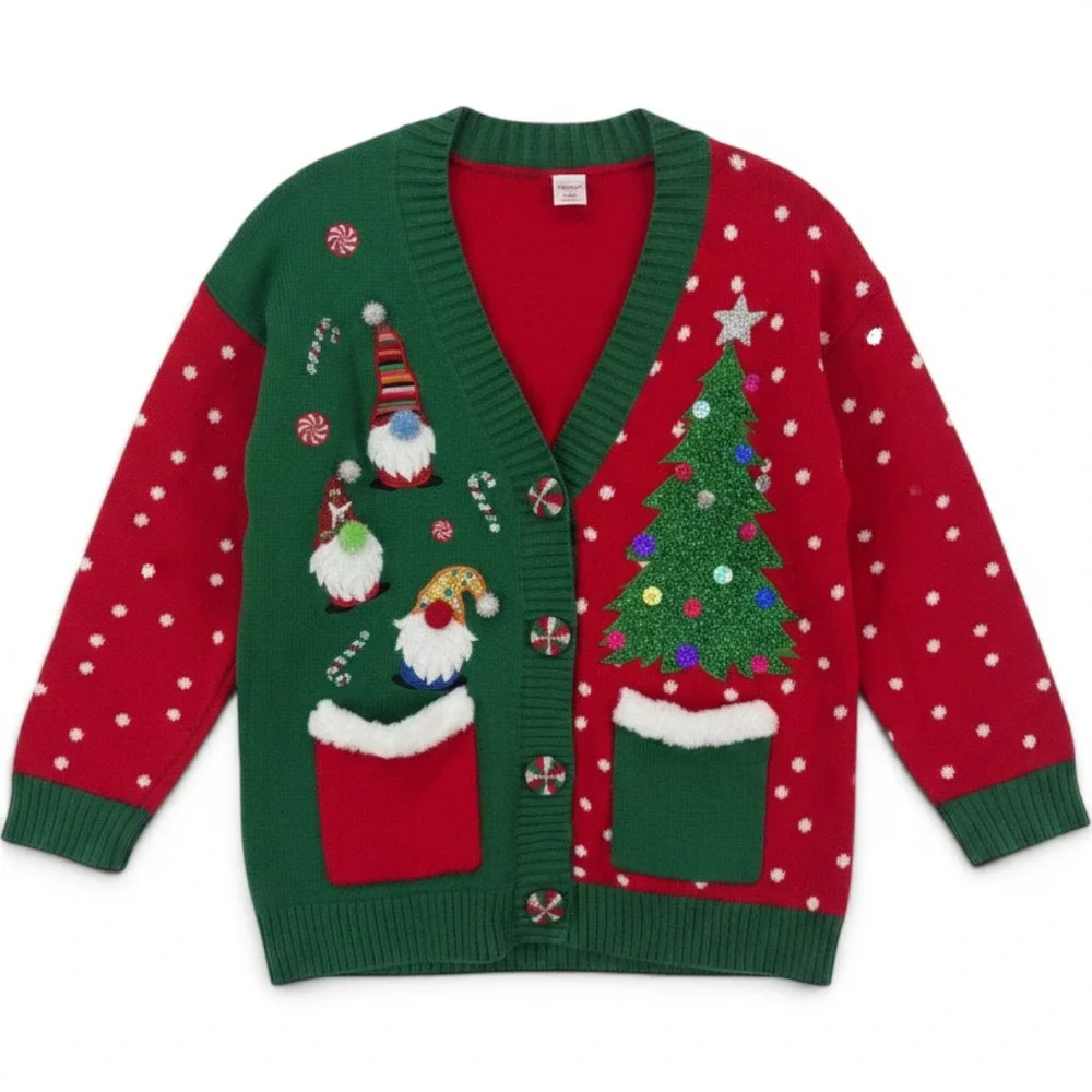 Holiday Time Womens Ugly Christmas Cardigan Sweater Gnomes Tree Red Green Small